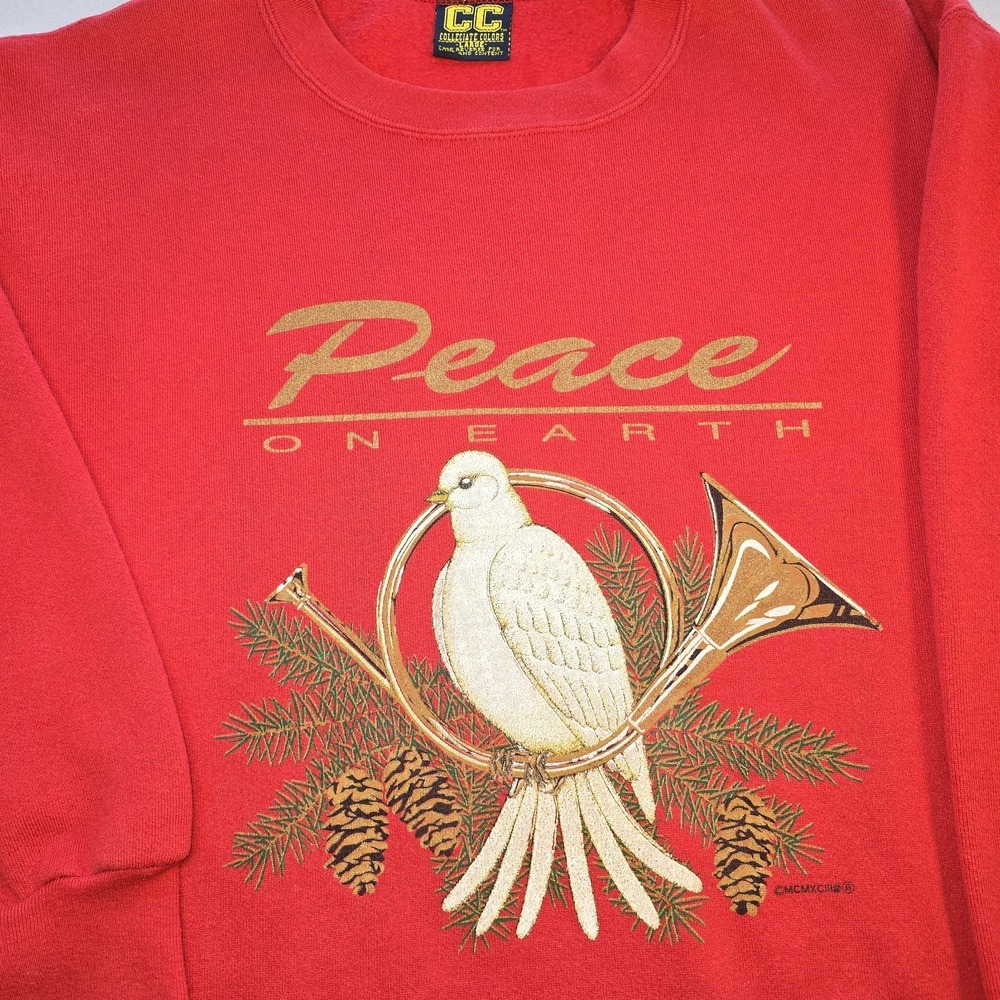 Vintage 1993 Collegiate Colors Peace on Earth Dove Sweatshirt 90s Red L Made USA